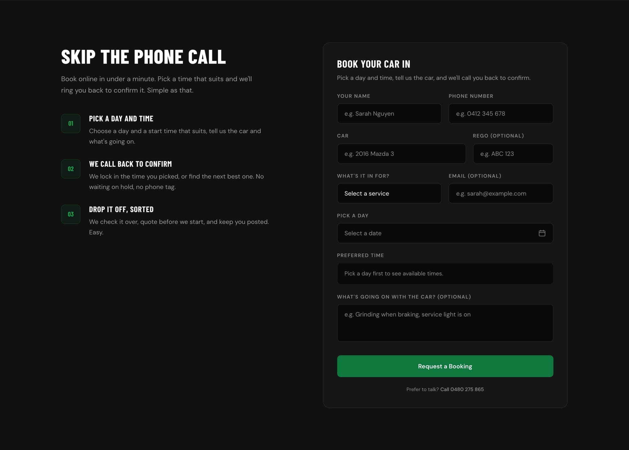 The ASR Autoworks booking form: pick a service, day and start time, with live availability
