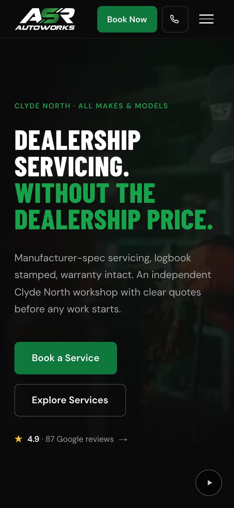 The ASR Autoworks homepage on a phone