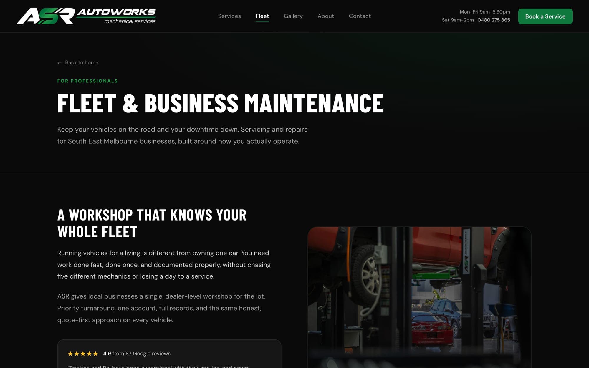 The ASR Autoworks fleet services page for business vehicle fleets