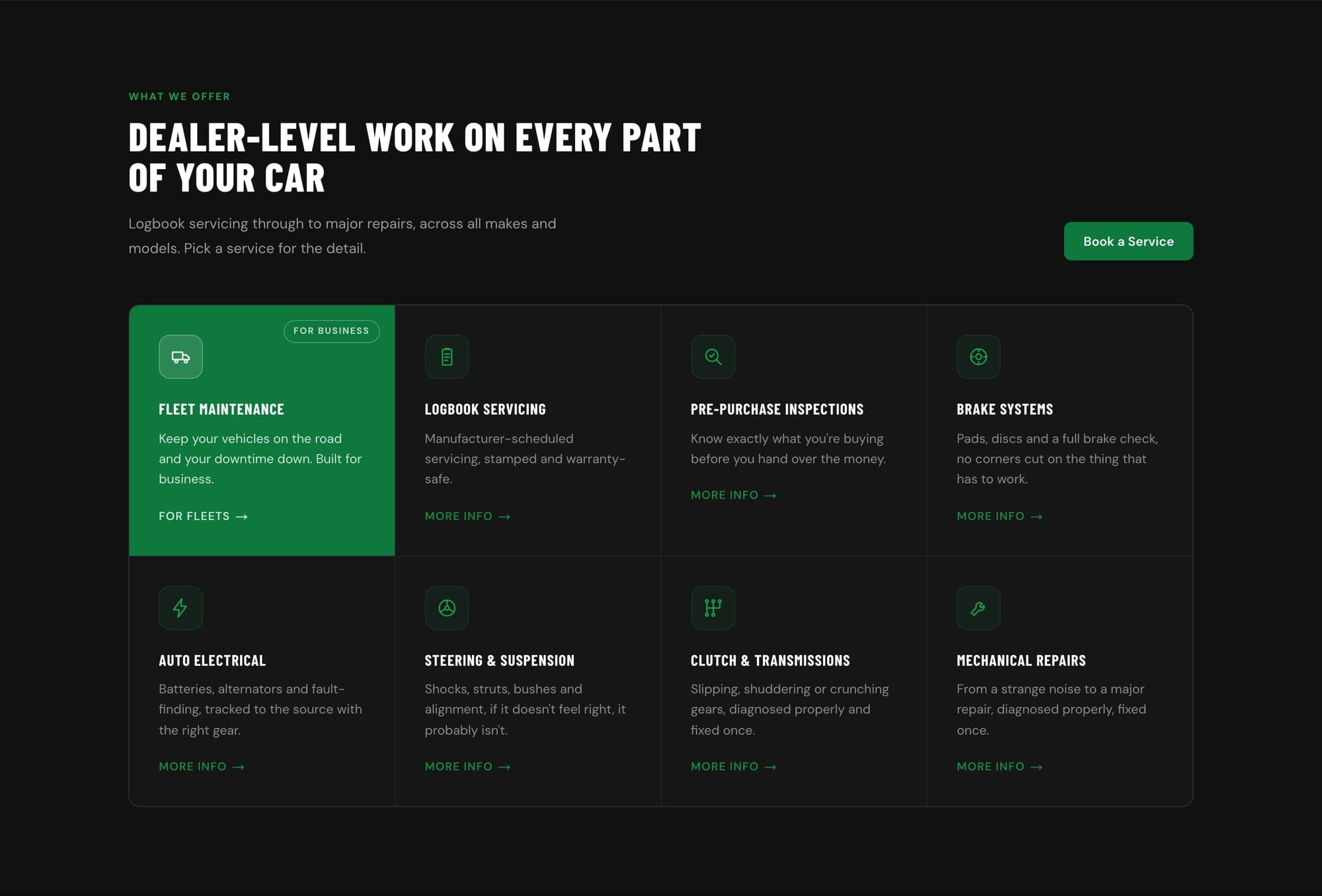 The ASR Autoworks services grid, dark theme with green accents